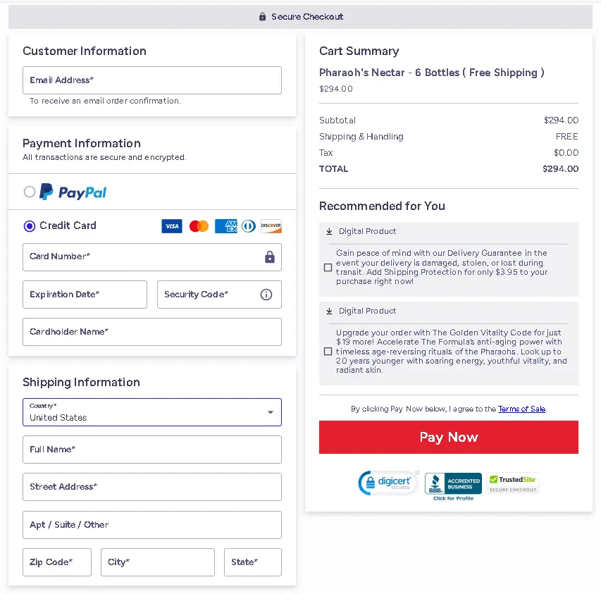 order page of Pharaohs Nectar